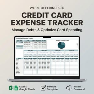 Pode incluir: Um modelo digital de rastreador de despesas de cartão de crédito exibido na tela de um laptop, com tabelas para gerenciar dívidas e gastos. Inclui o texto: WE'RE OFFERING 50% CREDIT CARD EXPENSE TRACKER.