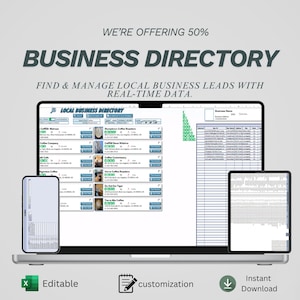 Op de afbeelding: Een laptop, tablet en smartphone tonen een business directory-interface. Het scherm toont een lijst met bedrijven met contactgegevens. De afbeelding bevat de tekst "BUSINESS DIRECTORY" en pictogrammen voor "Editable", "customization" en "Instant Download".