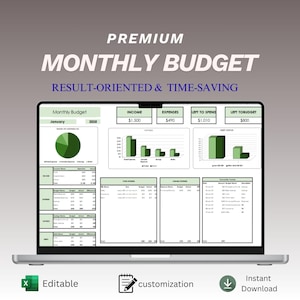 May include: A laptop displaying a monthly budget spreadsheet with charts and financial data. The screen shows income, expenses, and budget details. Text on the screen includes "PREMIUM MONTHLY BUDGET" and "RESULT-ORIENTED & TIME-SAVING". Icons indicate editability, customization, and instant download.
