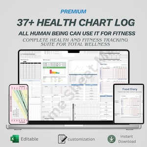 Ultimative Gesundheit Tracker Bundle Excel-Vorlage | Fitness Tagebuch, Ernährungstagebuch & Arztplaner | BMI, Blutdruck-Medikamenten-Tracker