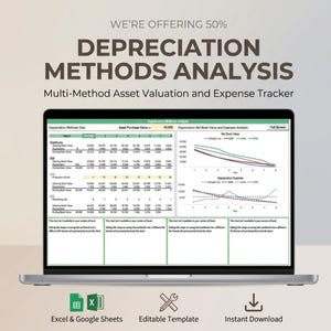 Depreciation Methods Template | Asset Valuation Tracker | Multi Method Analysis | Expense Log | Excel Google Sheets Accounting