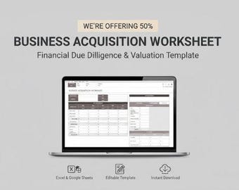 Excel-sjabloon werkblad bedrijfsacquisitie | Spreadsheet financiële due diligence en waardering van kleine bedrijven | Aankoopanalyse bedrijf