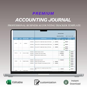 Pode incluir: Um laptop exibe uma planilha intitulada "PREMIUM ACCOUNTING JOURNAL". A tela mostra um modelo de contabilidade detalhado com colunas para transações, datas e detalhes dos itens. O laptop é prateado e o fundo é um gradiente de cinza.
