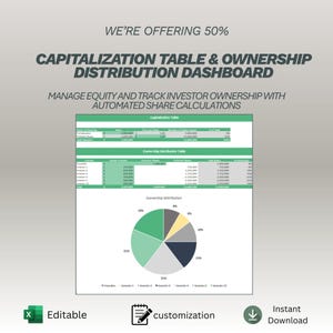 May include: A digital dashboard graphic with the text "CAPITALIZATION TABLE & OWNERSHIP DISTRIBUTION DASHBOARD." The graphic includes a capitalization table, ownership distribution table, and a pie chart. Icons indicate the product is editable, customizable, and available for instant download.