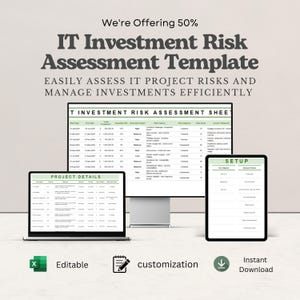 Könnte beinhalten: Eine IT-Investitionsrisikobewertungsvorlage, dargestellt auf einem Desktop-Monitor, einem Laptop und einem Tablet. Die Bildschirme zeigen Tabellen mit Spalten für Projektdetails, Risikofaktoren und Einrichtungskategorien. Der Text umfasst "IT Investment Risk Assessment Template", "Easily Assess IT Project Risks and Manage Investments Efficiently", "Project Details" und "Setup".