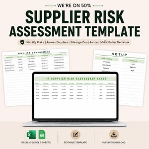 Peut inclure: Un modèle numérique d'évaluation des risques fournisseurs affiché sur un écran d'ordinateur portable avec deux pages de documents imprimés derrière. Le texte indique Supplier Risk Assessment Template, Identify Risks, Assess Suppliers, Manage Compliance, Make Better Decisions.