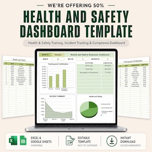 Puede incluir: Una plantilla digital de panel de control de salud y seguridad en la pantalla de una computadora portátil, con gráficos, tablas y datos de seguimiento de incidentes. La interfaz incluye secciones para capacitación, certificación y métricas en verde y blanco.