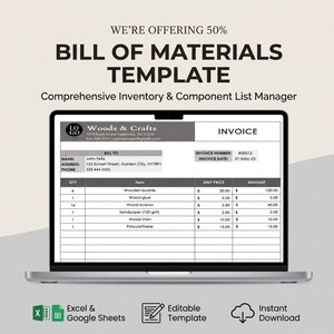 Mall för materialförteckning | Kalkylblad för lagerhantering | Spårning av komponentlistor | Logg för tillverkningsdelar | Excel Google Sheets