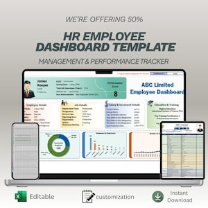 Op de afbeelding: Een laptop, tablet en telefoon tonen een HR Employee Dashboard Template. De sjabloon bevat personeelsgegevens, taakdetails, salarisinformatie en prestatiescores. Tekst op de afbeelding zegt "WE'RE OFFERING 50%" en "Editable".