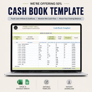 Cash Book Template Excel Google Sheets | Daily Register | Income Expense Ledger | Cash Flow Tracker | Running Balance | Business Bookkeeping