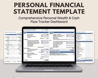 Puede incluir: Un portátil que muestra una plantilla de estado financiero, con el texto "PERSONAL FINANCIAL STATEMENT TEMPLATE" y "Comprehensive Personal Wealth & Cash Flow Tracker Dashboard". La imagen también incluye iconos para Excel & Google Sheets, una plantilla editable y descarga instantánea.