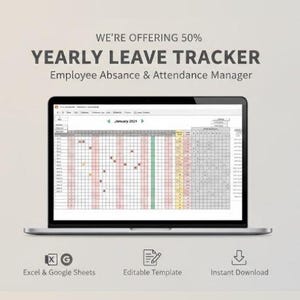 May include: A laptop screen shows a yearly leave tracker template. The display features a grid with colour-coded cells and the text "January 2021." The image includes the text "WE'RE OFFERING 50%" and icons for Excel & Google Sheets, an editable template, and instant download.