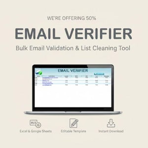 Puede incluir: Una computadora portátil muestra "EMAIL VERIFIER" y una tabla de datos. La imagen también incluye el texto "Bulk Email Validation & List Cleaning Tool". Los iconos debajo de la computadora portátil indican Excel & Google Sheets, Plantilla editable y Descarga instantánea.