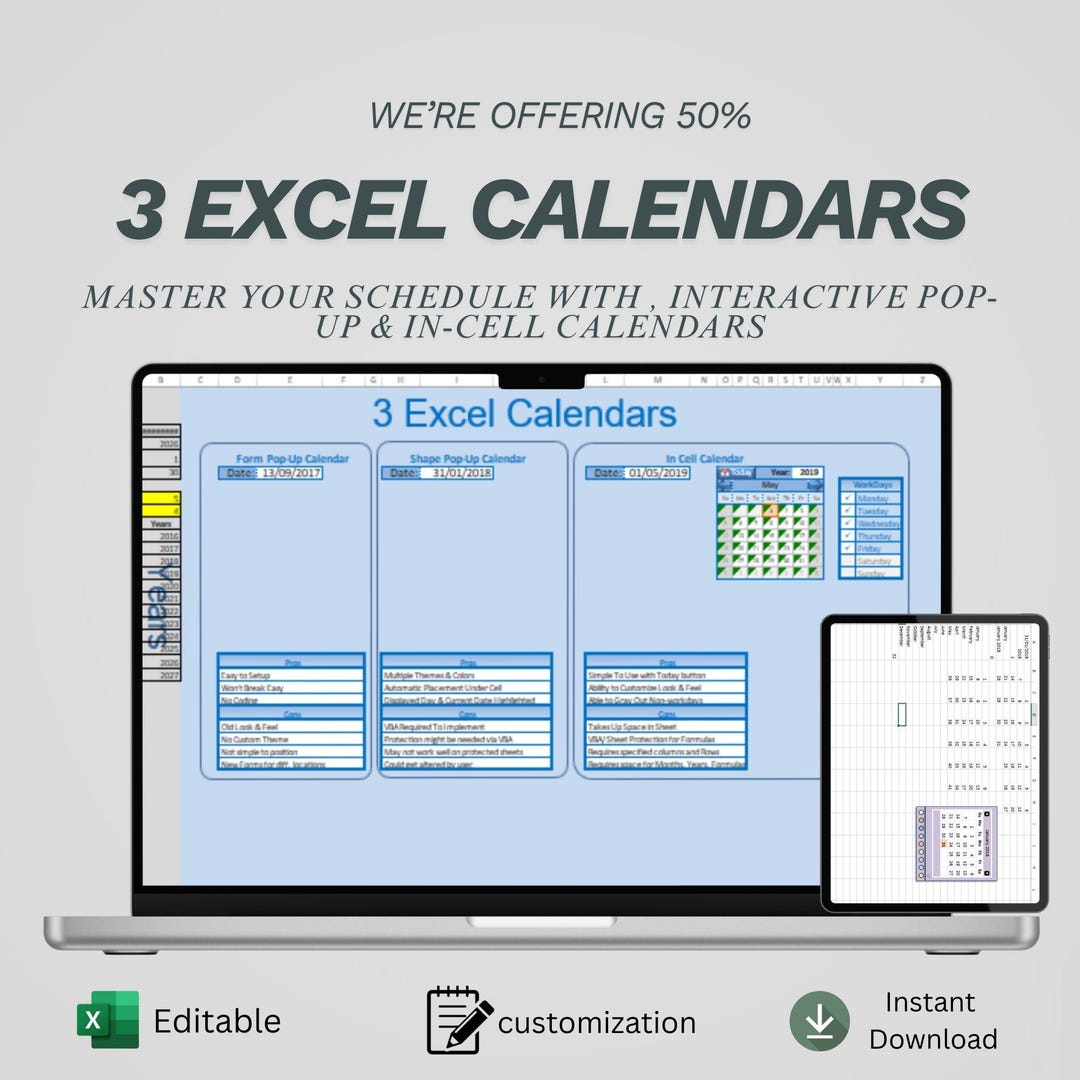 Interactive Calendar Example 3 Excel Pop up Calendars Template | Professional Date Picker ...