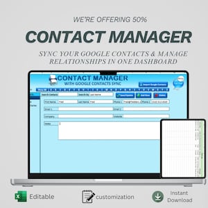 Peut inclure: Un ordinateur portable affichant une interface "Contact Manager" avec un design bleu clair. Le texte indique "Synchronisez vos contacts Google et gérez les relations dans un seul tableau de bord." Des icônes d'édition, de personnalisation et de téléchargement instantané sont également présentes.
