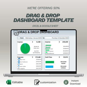 May include: A laptop displays a "Drag & Drop Dashboard Template" for Excel and Google Sheets. The screen shows financial data, including invoices, income, expenses, and cash flow. The image includes the text "We're offering 50%" and icons for editability, customization, and instant download.