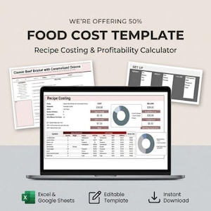 Plantilla de cálculo de costes de alimentos / Calculadora de costes de recetas / Precios de menús de restaurantes / Panel de rentabilidad / Inventario de cocina en Excel y Google Sheets