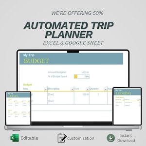 May include: A digital display shows an automated trip planner in Excel and Google Sheet format. The screen displays a budget sheet with travel and lodging sections. The text includes "We're offering 50%", "Automated Trip Planner", and "Editable".
