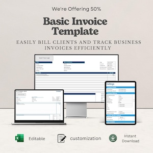 May include: A digital basic invoice template displayed on a computer monitor, a laptop screen, and a tablet. The screens show fields for company details, billing information, and itemized descriptions with blue headers and white backgrounds.