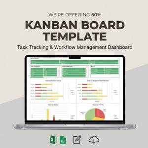 May include: A laptop displaying a Kanban board template with task tracking and workflow management dashboard. The screen shows charts and graphs with data visualization. The text on the screen includes "Task Progress," "Responsible Party," and "Tasks by Kanban Group."