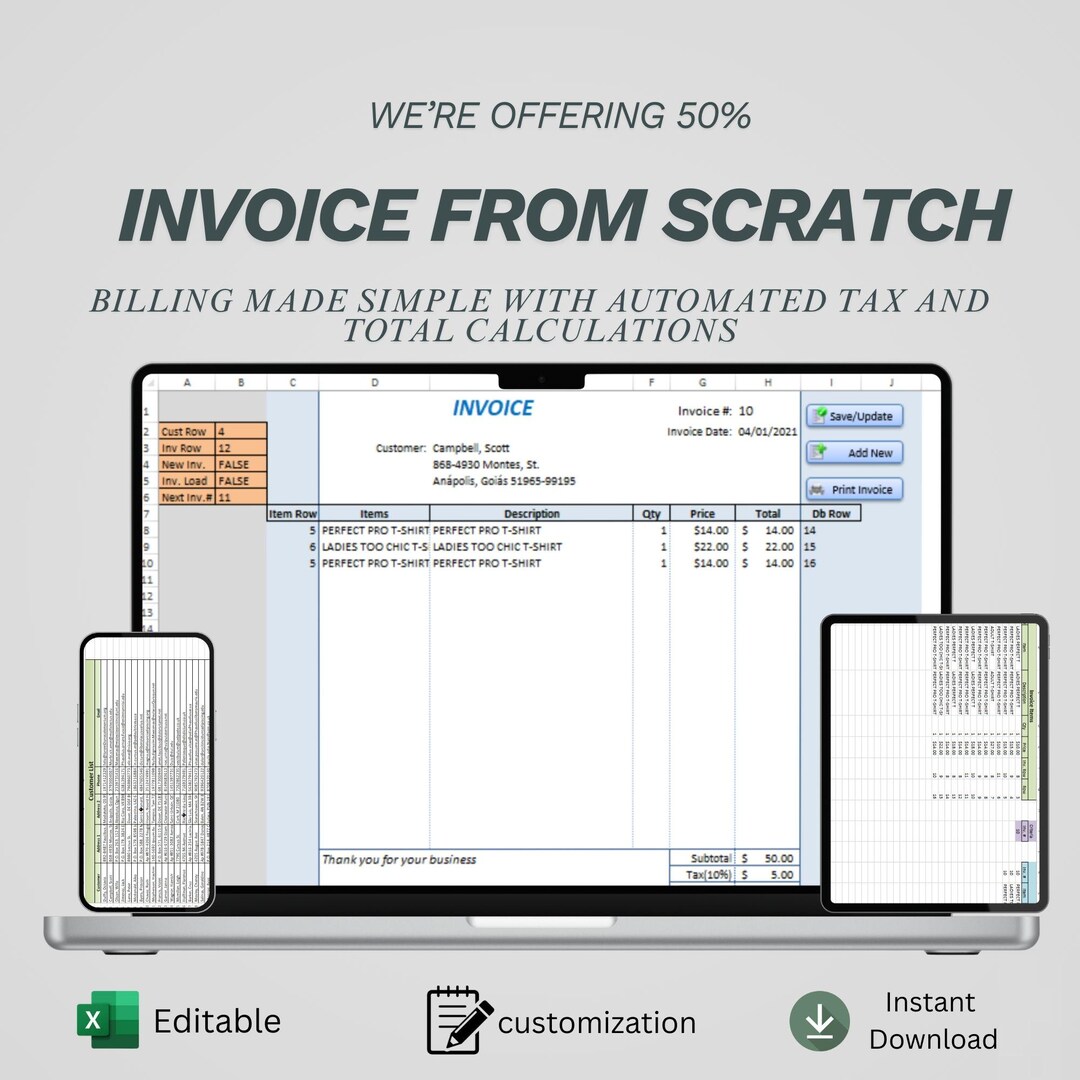 Excel Invoice Template | Automated Billing Spreadsheet | Professional ...