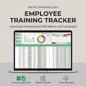 May include: A laptop displays an employee training tracker with data visualizations and a spreadsheet. The text on the screen reads "Employee Training Tracker" and "Learning & Development Skill Matrix and Dashboard." Icons for Excel, editable template, and instant download are shown.
