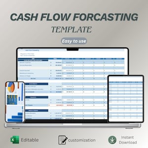 Pode incluir: Um laptop, tablet e smartphone exibem um modelo de previsão de fluxo de caixa. O texto "CASH FLOW FORECASTING TEMPLATE" está no topo. As palavras "Easy to use" estão em uma faixa. Ícones para "Editable", "customization" e "Instant Download" estão na parte inferior.