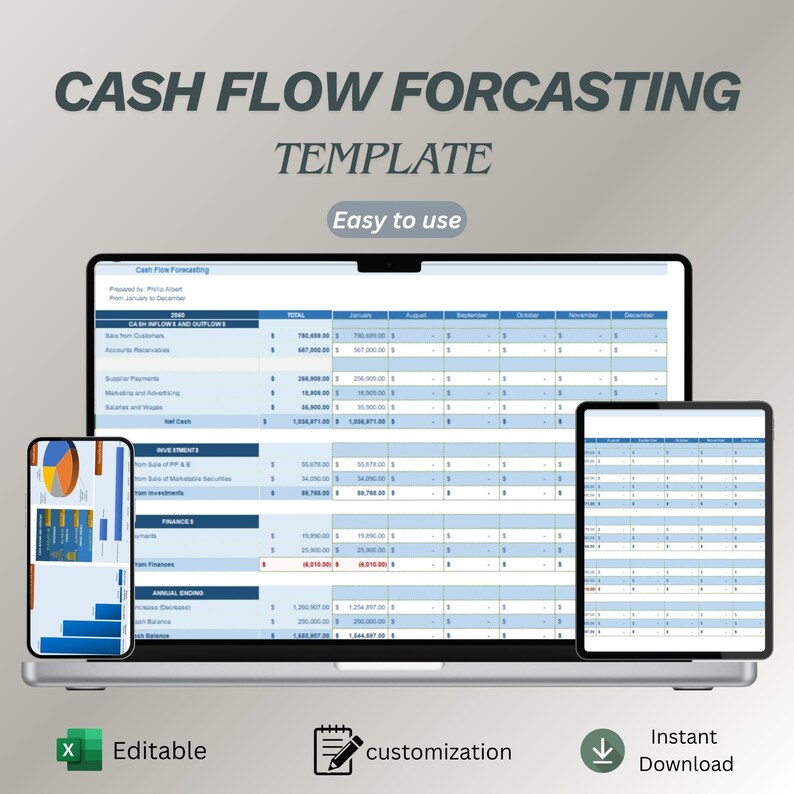 May include: A laptop, tablet, and smartphone display a cash flow forecasting template. The text "CASH FLOW FORECASTING TEMPLATE" is at the top. The words "Easy to use" are in a banner. Icons for "Editable", "customization", and "Instant Download" are at the bottom.