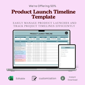 May include: A digital product launch timeline template displayed on a laptop and tablet screen. The interface features columns for tasks, assigned personnel, start and end dates, duration, and status. Text includes Product Launch Timeline Template.