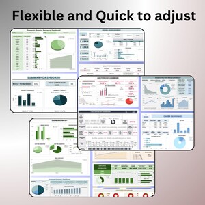 Puede incluir: Una colecci&oacute;n digital de plantillas de paneles de control empresariales con el texto Flexible and Quick to adjust. Los dise&ntilde;os incluyen varias visualizaciones de datos como gr&aacute;ficos de barras, circulares, lineales y tablas en tonos verdes, azules y grises.