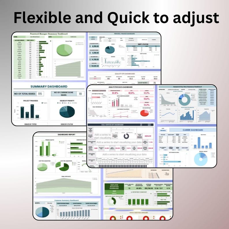 Puede incluir: Una colecci&oacute;n digital de plantillas de paneles de control empresariales con el texto Flexible and Quick to adjust. Los dise&ntilde;os incluyen varias visualizaciones de datos como gr&aacute;ficos de barras, circulares, lineales y tablas en tonos verdes, azules y grises.