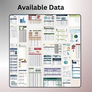 Puede incluir: Un collage de varios documentos comerciales, informes financieros y gr&aacute;ficos de datos titulado Available Data. La colecci&oacute;n incluye m&uacute;ltiples p&aacute;ginas blancas con texto negro, tablas, gr&aacute;ficos de barras y gr&aacute;ficos circulares.