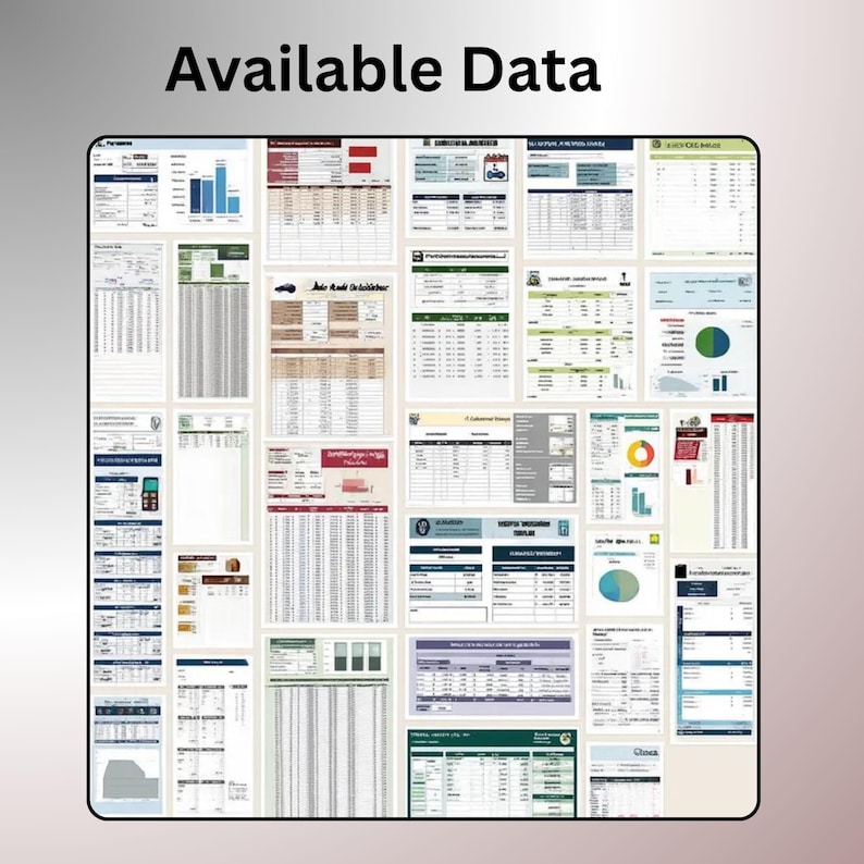 Puede incluir: Un collage de varios documentos comerciales, informes financieros y gr&aacute;ficos de datos titulado Available Data. La colecci&oacute;n incluye m&uacute;ltiples p&aacute;ginas blancas con texto negro, tablas, gr&aacute;ficos de barras y gr&aacute;ficos circulares.