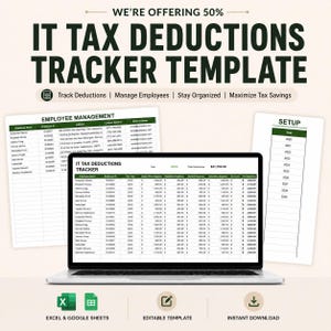 Puede incluir: Una plantilla digital de seguimiento de deducciones fiscales de TI mostrada en una pantalla de portátil, con hojas de gestión de empleados y configuración. La interfaz incluye columnas para el año fiscal, gastos de oficina y donaciones.