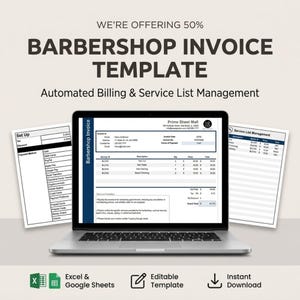 Könnte beinhalten: Ein Laptop zeigt eine Barbershop-Rechnungsvorlage mit automatisierter Abrechnung und Service-Listenverwaltung. Der Bildschirm zeigt Rechnungsdetails, Service-IDs und Preise. Zwei weitere Dokumentenseiten sind hinter dem Laptop sichtbar.