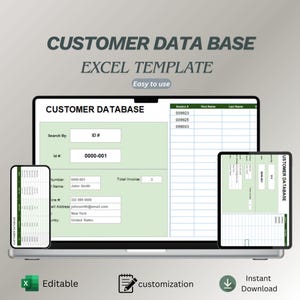 May include: A digital mockup of a customer database Excel template displayed on a laptop, tablet, and smartphone. The template features a green and white design with fields for customer data. Text includes "Customer Data Base" and "Excel Template."