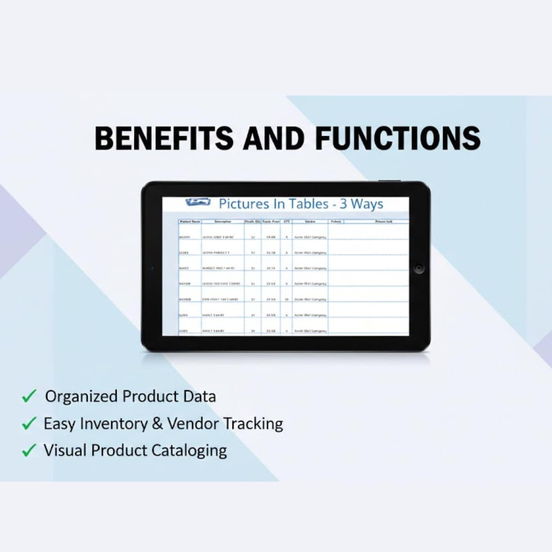 Product Catalog Excel Template | Pictures in Tables Spreadsheet | Image ...