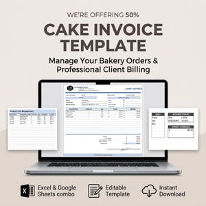May include: A digital cake invoice template displayed on a laptop screen, featuring sections for product list management, unit details, tax, and discount rates. The template includes fields for bakery order information and professional client billing.