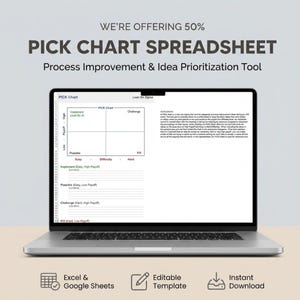 May include: A laptop displays a PICK Chart spreadsheet, a process improvement and idea prioritization tool. The screen shows a grid with labels like "Implement," "Possible," and "Challenge." The image includes the text "WE'RE OFFERING 50%" and icons for Excel, Google Sheets, and instant download.