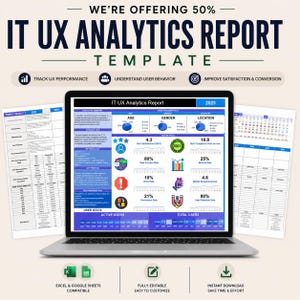 May include: A laptop screen displaying an IT UX Analytics Report template with charts, graphs, and data tables. The report includes sections for executive summary, user demographics, and key metrics like user satisfaction, bounce rate, and conversion rate.