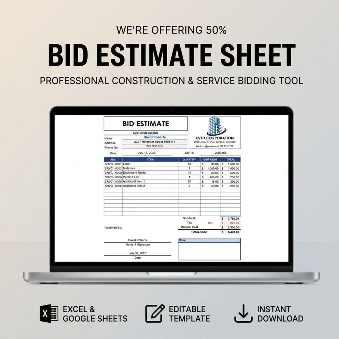 Bid Estimate Sheet Template | Construction Service Bidding Tool ...