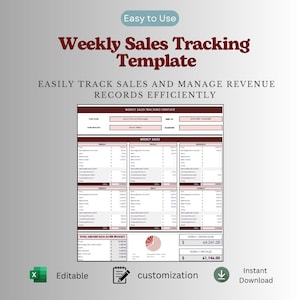 Op de afbeelding: Een digitaal sjabloon voor wekelijkse verkoopregistratie met een gestructureerde lay-out met kolommen voor dagelijkse inkomsten, gespecificeerde verkopen en een cirkeldiagram. Het document bevat de koppen Weekly Sales Tracking Template en Easily Track Sales and Manage Revenue Records Efficiently.