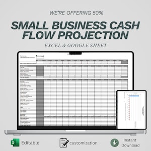 May include: A laptop and tablet display a cash flow projection spreadsheet. The text on the screen reads "SMALL BUSINESS CASH FLOW PROJECTION" and "EXCEL & GOOGLE SHEET." Icons indicate the product is editable, customizable, and available for instant download.