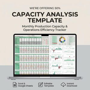 Peut inclure: Un ordinateur portable affichant un modèle d'analyse de capacité avec des graphiques. Le texte à l'écran indique "Capacity Analysis Template" et "Monthly Production Capacity & Operations Efficiency Tracker." Des icônes pour Excel & Google Sheets, Modèle modifiable et Téléchargement instantané sont en bas.
