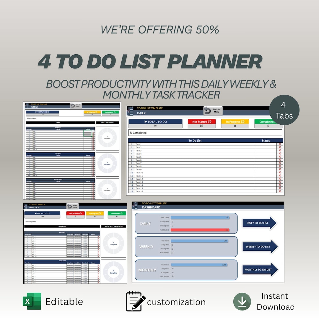 To Do List Template Dashboard | Daily Weekly Monthly Task Planner ...