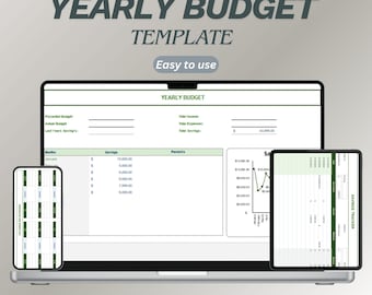 May include: A laptop, tablet, and smartphone display a yearly budget template. The text "YEARLY BUDGET TEMPLATE" is at the top, with "Easy to use" below it. Icons for "Editable", "customization", and "Instant Download" are at the bottom.