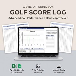 May include: A digital golf score log template displayed on a laptop screen, flanked by two printed pages of the same log. The interface features a golf score chart, a course handicap table, and columns for date, course, score over par, and notes.