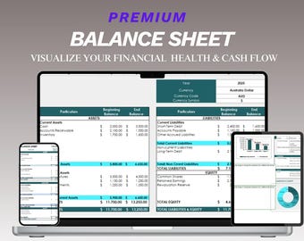 May include: A digital mockup of a balance sheet displayed on a laptop, smartphone, and tablet. The screen shows financial data with the text "PREMIUM BALANCE SHEET" and "VISUALIZE YOUR FINANCIAL HEALTH & CASH FLOW". Icons indicate the document is editable, customizable, and available for instant download.