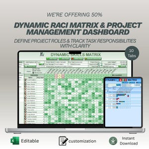 Puede incluir: Un portátil y una tableta muestran un panel de control de gestión de proyectos y matriz RACI dinámica. La pantalla muestra una hoja de cálculo con roles de proyecto y responsabilidades de tareas. La imagen incluye el texto "Editable", "personalización" y "Descarga instantánea".