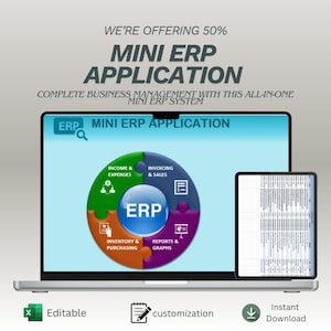 Puede incluir: Un portátil y una tableta muestran un gráfico de "Mini ERP Application". La pantalla del portátil muestra un diagrama circular con secciones para ingresos, facturación, inventario e informes. El texto en la parte superior dice "We're offering 50%" y "Complete Business Management."